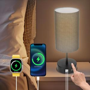 Bedside Table Lamp for Bedroom - 3 Way Dimmable Touch Lamp USB C Charging Ports and AC Outlet, Black Base Round Flaxen Fabric Shade for Living Room, Desk, LED Bulb Included(Black)