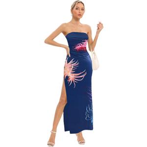 Women's Tube Strapless Maxi Dress Side Slit Bodycon Dresses Sleeveless Off Shoulder Backless Cocktail Dress 295 (Blue, M)