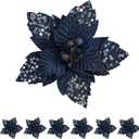Pretty Jolly 11-inch Large Christmas Glitter Poinsettia Flowers Artificial Gold Flowers Artificial for Decoration Xmas Flowers Christmas Tree Decoration New Year Ornaments, Navy, 6pcs