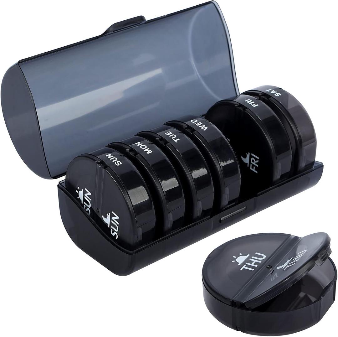 XL Weekly Pill Organizer 2 Times a Day,Daily AM PM Pill Box with 7 Detachable Pill Case,Portable Vitamin Pill Case,7 Day Pill Container Big Compartments for Pills Vitamin Fish Oil (Black, 7 Days)