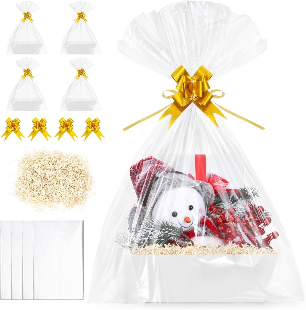 5 Pack Baskets For Gifts Empty, 10x12 White Gift Basket Kit with Clear Bags Gold Bows 200g Crinkle Cut Paper Empty Gift Baskets to Fill Large Gift Baskets for Christmas, Birthdays, Holidays, Weddings