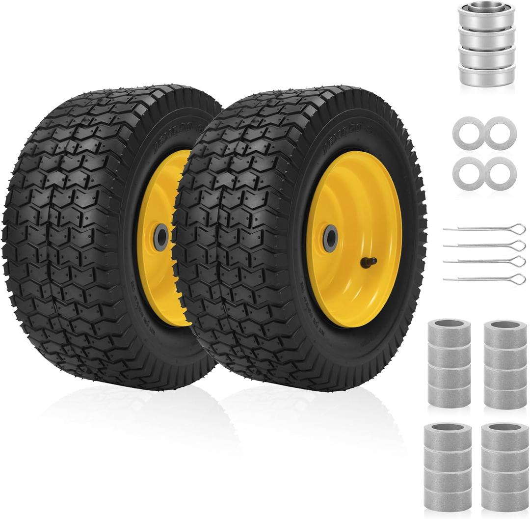 2-Pack 16x6.50-8 Tubeless Tires and Wheels, 1-Inch Bushings with Extra 3/4-Inch Bearings, 3"-5" Offset Hub, 550 lbs Load Capacity, Fits 3/4" and 1" Axles for Riding Mowers, Lawn Tractors, and More