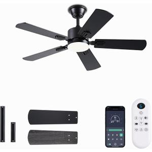 FUMLTP 42 inch Modern Ceiling Fans with Lights APP/Remote Control, Low Profile Reversible 6 Speeds Ceiling Fan Light for Indoor/Outdoor Patio Bedroom Living Room,Black (Black-5 Blade)
