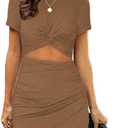 Soinku Women's Sundress 2026 Summer Casual Ruched Bodycon Mini Dresses Wrap Slim Fit Twist Knot Cutout Short Dress, L