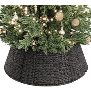 ELYKEN 33-Inch Woven Rattan Christmas Tree Collar, Stylish Hyacinth 6-Piece Tree Skirt for Artificial Trees, Wicker Tree Base Cover with Cord Cut-Out for Home Decor, Living Room Display, Black