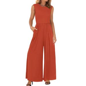 BTFBM Womens Casual Jumpsuits Dressy 2026 Spring One Piece Outfits Crew Neck Sleeveless Knit Wide Leg Pants Romper Beach(Brick Red, Small) (Orange, S)