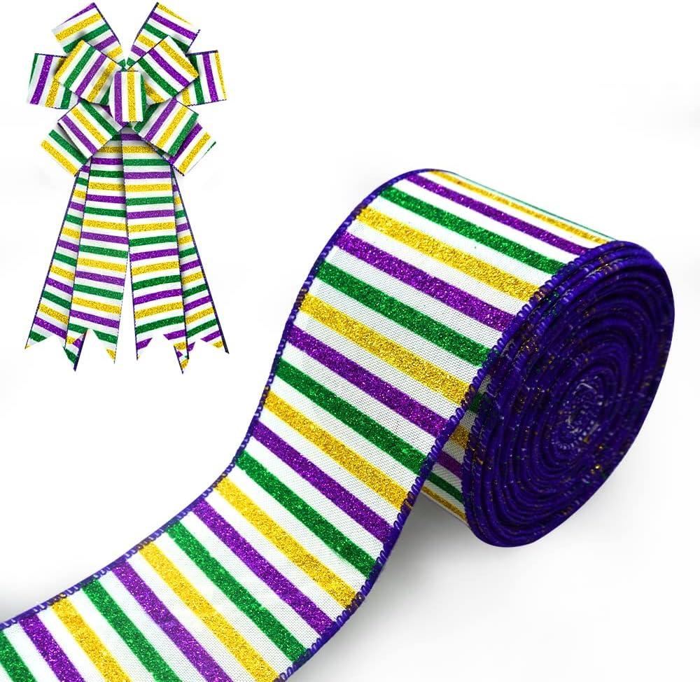 4 x Mardi Gras Ribbons Bows for Wreath, 2.5 Inch 10 Yards Glitter Gold Green Purple Stripes Ribbon Fat Tuesday Holiday Craft Wired Edge Ribbons for Gift Wrapping Mardi Gras Party Decorations (Style 3: Stripes)