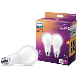 Philips LED 100W A21 2-Pack Ultra Definition Soft White (2700K) 1600 Lumen (13.5W = 100W) Dimmable Frosted Flicker-Free Light Bulbs
