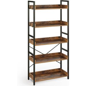 Rolanstar Bookshelf 5 Tier with 4 Hooks, Industrial Wood Bookcase, Vintage Storage Rack with Open Shelves, Rustic Standing Bookshelves Display Rack for Living Room, Bedroom, Rustic Brown