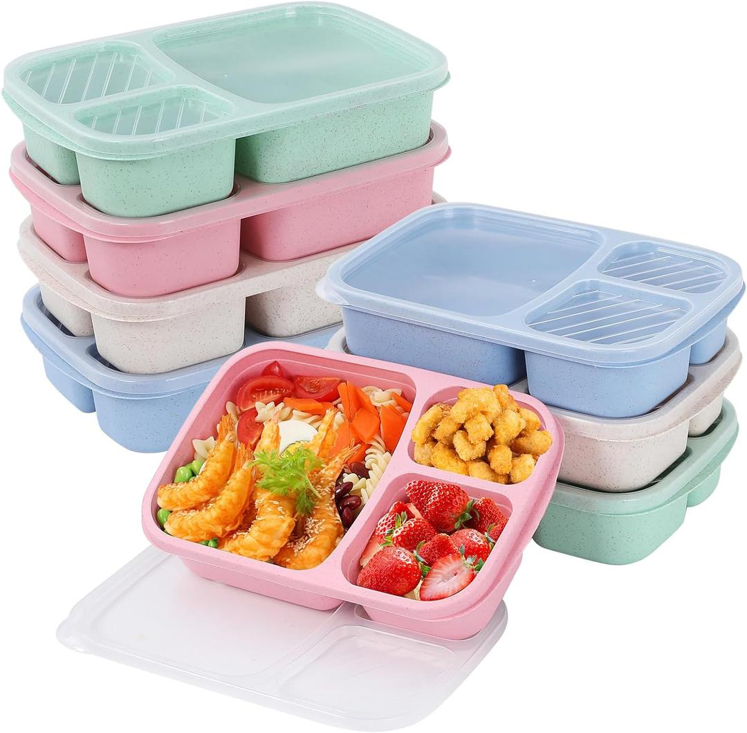 buluker 8 Pack Bento Lunch Box Set 3 Compartment Wheat Straw Meal Prep Food Storage Containers Plastic, Microwave and Dishwasher Safe(light colour)