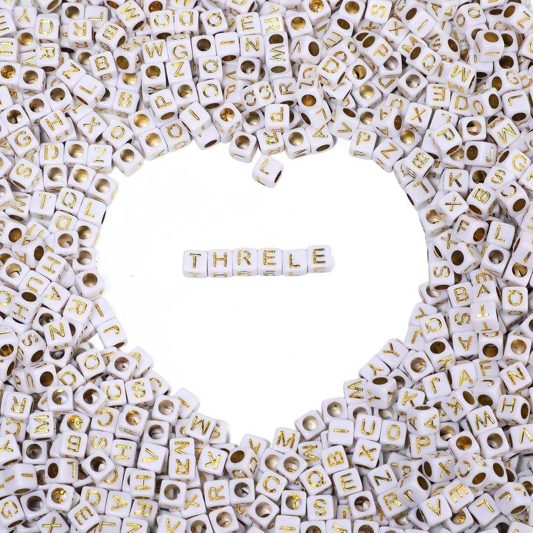 1400Pcs Square Letter Beads, Gold on White Large Hole 6x6mm Acrylic Alphabet Beads for Friendship Bracelets Making with Elastic Cord