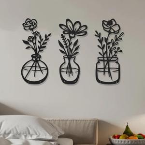 AMAATE Minimalist Metal Wall Art Set of 3, Black Iron Line Flower and Vase Sculptures, Farmhouse Home Decor for Living Room Bedroom, 6.7"x15"