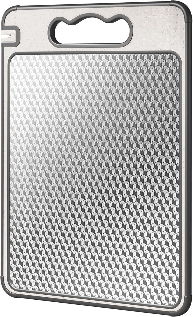 Double Sided 304 Stainless Steel & Wheat Straw Cutting Board, 16"*11" Non Toxic Lightweight Chopping Board, Separately Handle Meat and Vegetables, Dishwasher Safe, Scratch Resistant Mesh Design (Gray)