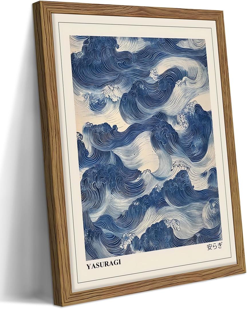 Framed Japanese Wall Art, Vintage Abstract Blue Waves Canvas Wall Decor Painting, Minimalist Japandi Oriental Ocean Aesthetic Prints Picture for Living Room Bathroom Bedroom 12x16 Inch