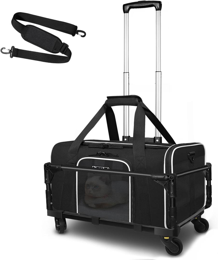 Small Pet Carrier 17"x12"x8.5" with Wheels Airline Approved, Black