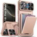 SSLOTSCASE for iPhone 16 Pro Max Case with Wallet & Sliding Lens Cover & Kickstand & Credit Card Holder, Military-Grade Protection Rugged Phone Case Cover for iPhone 16 Pro Max 6.9'' 2024, Rose Gold