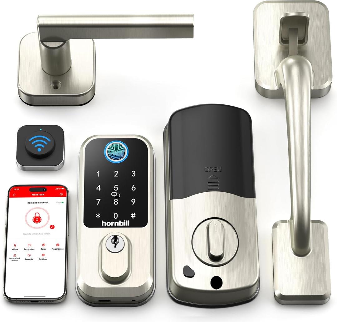 WiFi Fingerprint Smart Door Lock: Keyless Entry Door Lock Deadbolt with Handle,Hornbill Smart Locks for Front Door, Entry Door Keypad Lock Set, Electronic Digital Biometric Bluetooth Lock-Satin Nickel