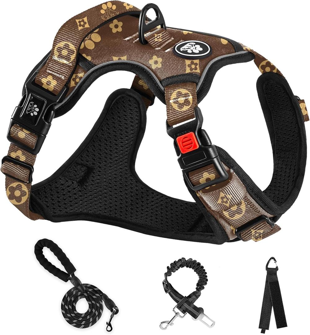 NESTROAD No Pull Dog Harness,Adjustable Oxford Dog Vest Harness with Leash,Reflective No-Choke Pet Harness with Easy Control Soft Handle for Small Dogs(Small,Dark Brown) (Sneck 11-15" chest 15-21")