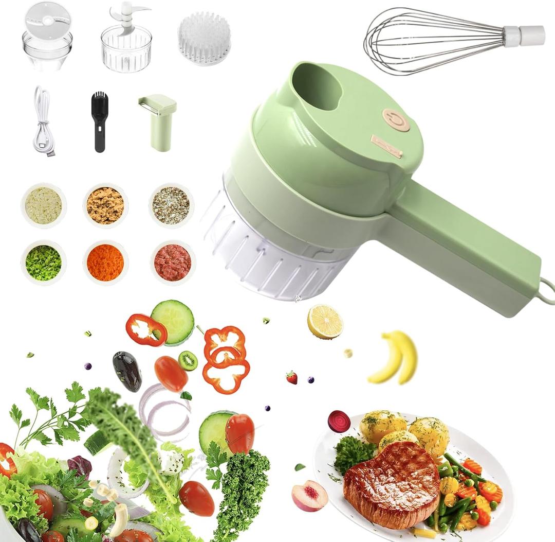 Multi-Functional Portable Wireless Vegetable Processor Electric 4-in-1 Vegetable Cutter Set, Easy to Charge, for Garlic, Chili, Celery, Meat, With Cleaning Brush, With Egg and Cream Whisk
