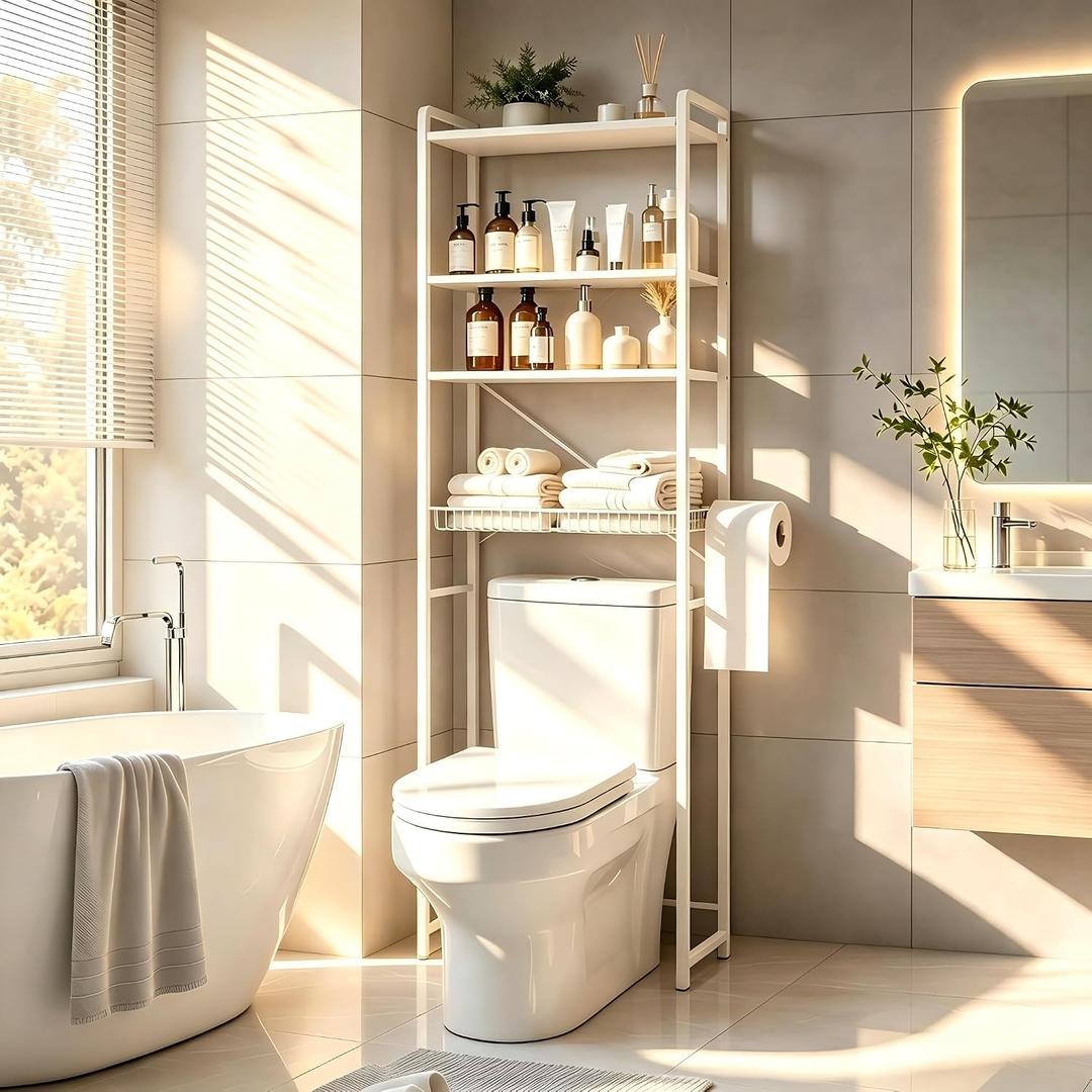 Over The Toilet Storage Cabinet, 4-Tier Bathroom Organizer (White), 23.8"W x 9.8"D x 68.1"H