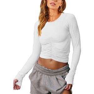 Vivitulip Womens Long Sleeve Shirts Basic Fall Ruched Slim Fitted Crop Tops Tight Athletic Blouse with Thumb Holes (Small, White)