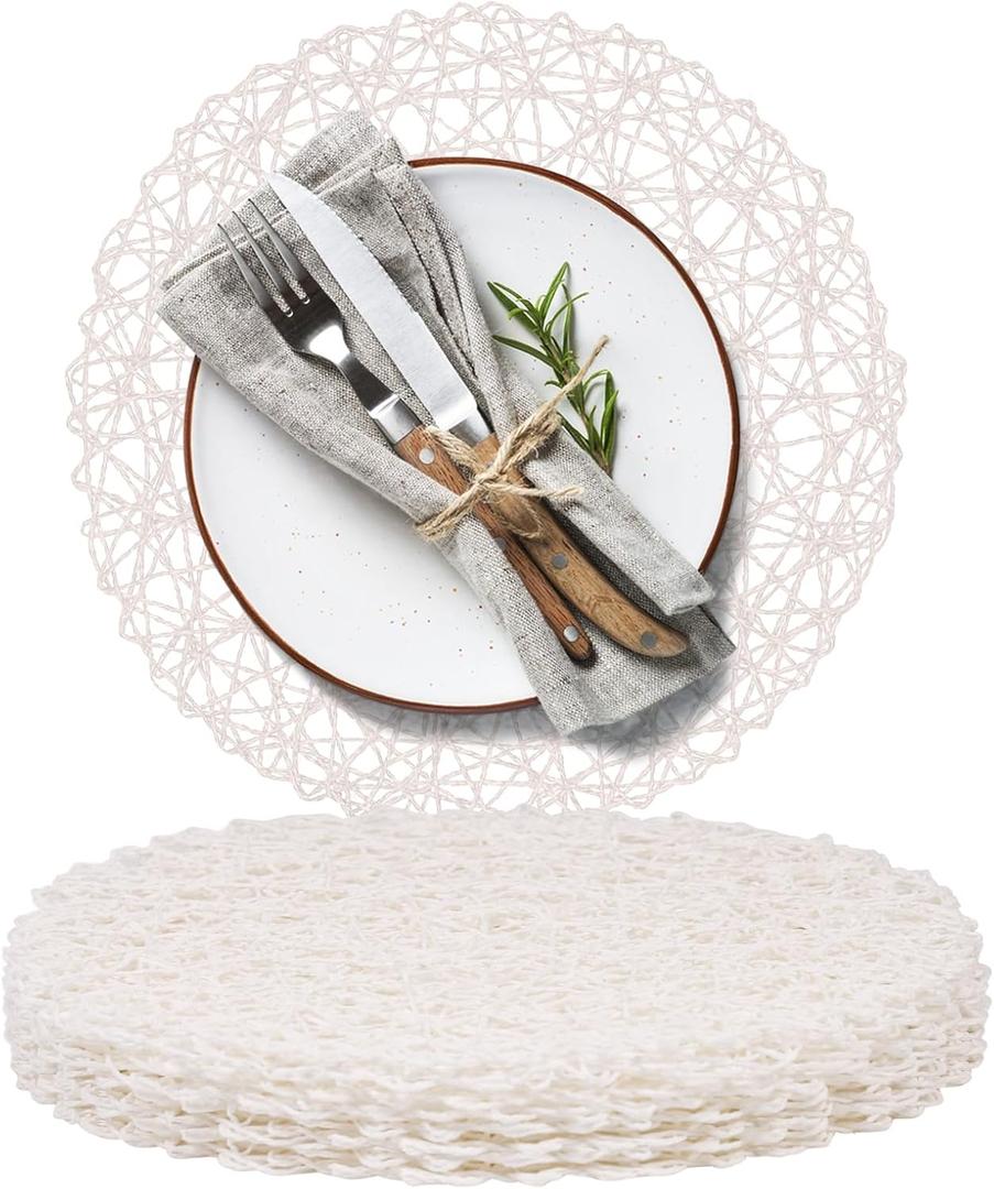 AHHFSMEI Paper Braided Round Placemats Set of 8 Natural Non-slip Heat Resistant Table Mats for Dining Tables Woven indoor & outdoor Place mats(White,8)