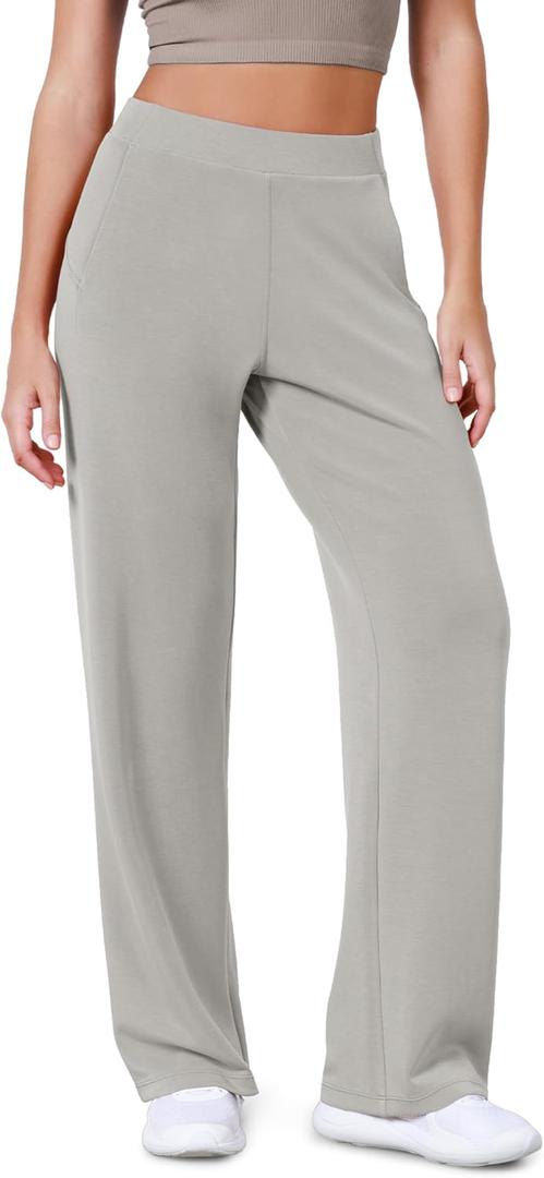 ODODOS Women's Modal Soft Wide Leg Pants Elastic High Waist Casual Lounge Relaxed Pants with Pockets - 27"/ 29" / 31" Inseam (Light Gray)