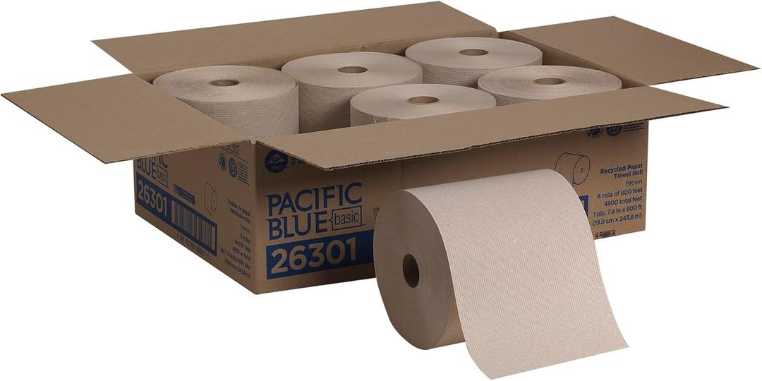Pacific Blue Basic Recycled Hardwound Paper Towel Rolls by GP PRO (Georgia-Pacific), Brown, 26301, 800 Feet Per Roll, 6 Rolls Per Case