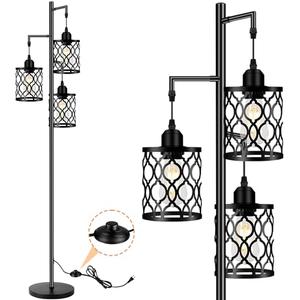 Industrial Floor Lamp, Metal Farmhouse Tall Lamp for Living Room, Rustic Standing Lamp with 3 Elegant Cage Heads, Tree Floor Lamps for Bedrooms, Home Office, Bar, 68", Black, Bulb Not Included