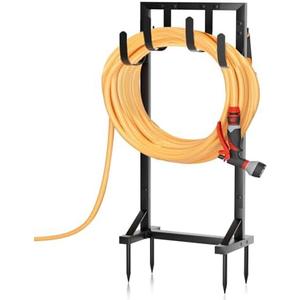 GAVISCITY Heavy-Duty Garden Hose Holder with Stable Base and Tool Hooks, Freestanding Metal Hose Hanger Garden Hose Storage Holds 151Ft Hose, Rustproof Water Hose Holder for Outside Yard Lawn, Black
