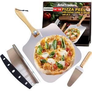 Aluminum Metal Pizza Peel 16 Inch, Extra Large Pizza Paddle (14"X 16") With 14 Pizza Cutter Rocker & 10 Pizza Server, Pizza Spatula Paddle With Foldable Wooden Handle For Easy Storage