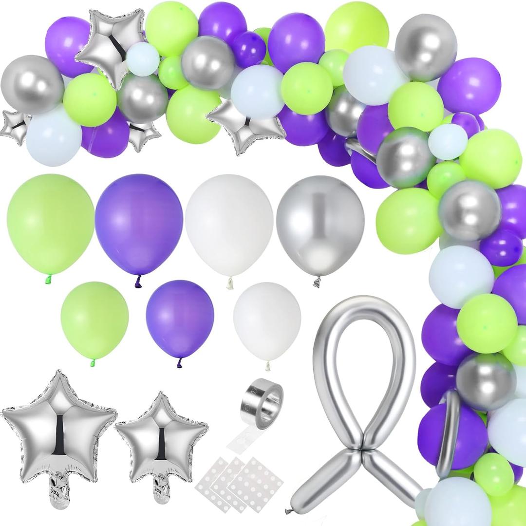 134 Pieces Buzz Birthday Party Balloon Garland Arch Kit 10 5 inch Purple Green Silver Star Foil Balloon for Buzz Themed Birthday Party Decorations, Silver 