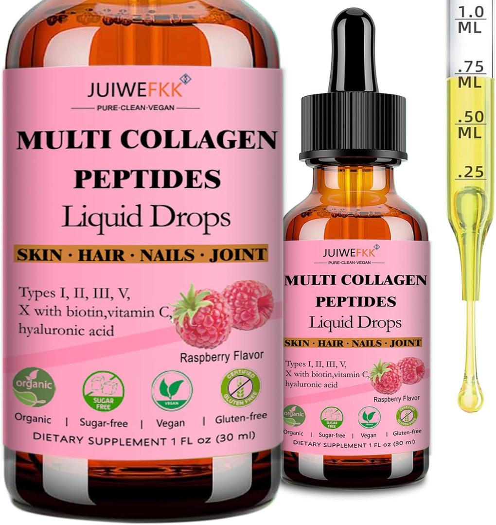 Multi Collagen Peptides Liquid Drop Organic Hydrolyzed Collagen Complex w. Biotin, Vitamin C & Hyaluronic Acid, Liquid Collagen Types I, II, III, IV, V for Hair, Skin, Nails & Joint Health