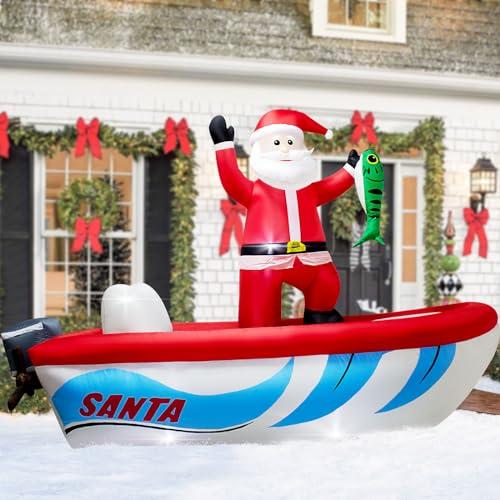 10FT Long Christmas Inflatable Santa Fishing on a Boat, Christmas Captain Santa Claus Outdoor Blow up Inflatable Santa Giant Garden Yard Lawn Decor