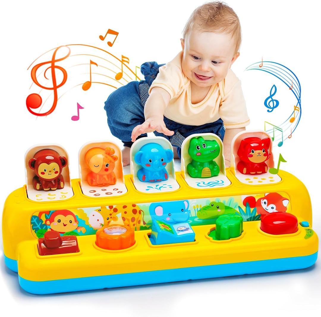 Interactive Pop up Animal Toys with Music & Light, Montessori Cause and Effect Toys for 1 Year Old Boy Girl Early Learning Musical Baby Toy 91218 Months STEM Toddler Toy Age 12 Gift for Infant