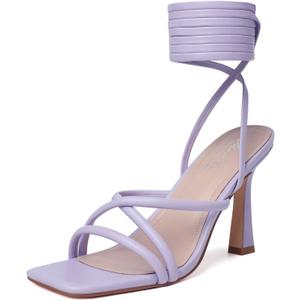 Mostrin Womens Sandals Strappy Heels for Women Lace Up Square Open Toe Heels Tie Up High Heeled Sandals for Prom, Party, Daily Wear (6, Light Purple)