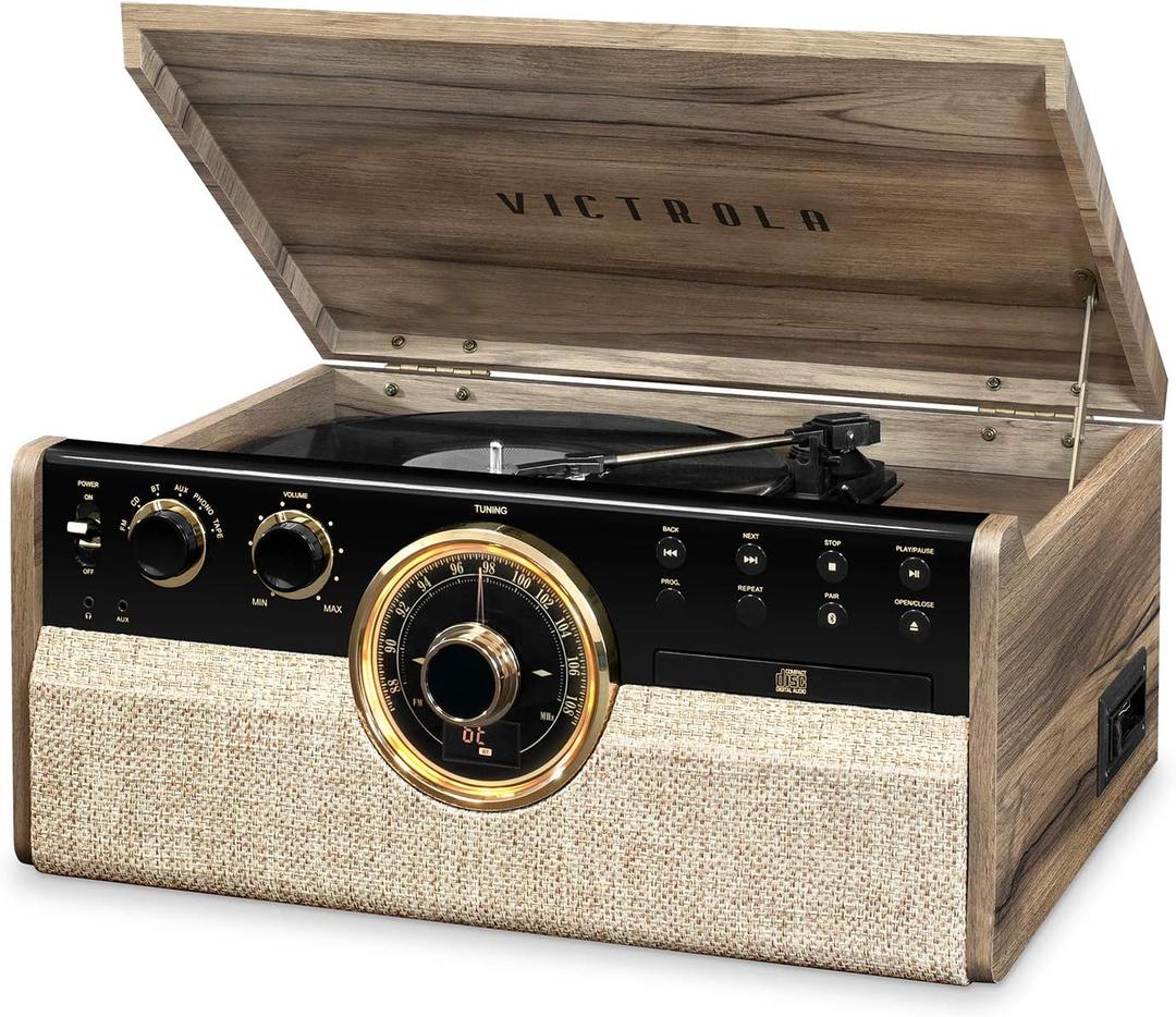 Victrola Empire Mid-Century 6-in-1 Turntable with 3 Speed Record Player, Bluetooth Connectivity, Radio, Cassette and CD Player (Farmhouse Walnut) (Walnut)