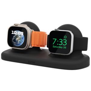 ELETIUO Dual Charger Stand Compatible with Apple Watch Series 49/46/45/44/42/41/40/38mm iWatch Ultra2/Ultra/10/9/8/SE2/7/6/SE/5/4/3/2/1,Silicone Dock Organizer Supports Night Stand Mode,Black