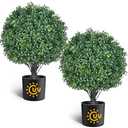 21.6“ Artificial Topiary Ball Trees Set of 2, UV Protected Outdoor Faux Potted Plants with Cement Pot, Evergreen Shrubs Bushes for Front Door Porch Garden Backyard