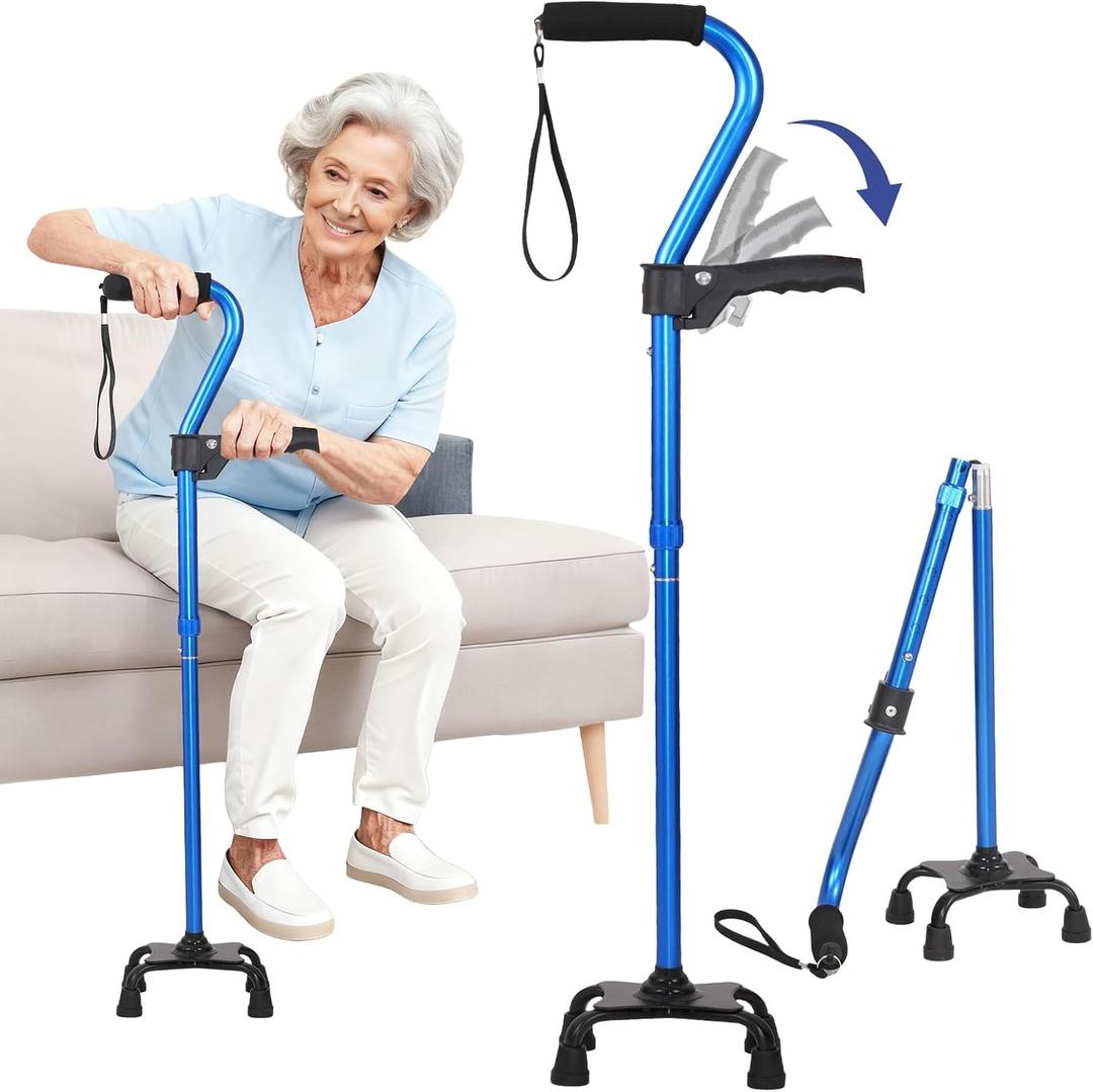 Stand Assist Aid for Elderly - 4-Pronged Stability Cane with Adjustable Foldable Design & Rise Assistance Grip to Reduce Strain When Standing Up