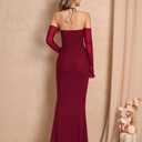 Elegant Off Shoulder Bodycon Maxi Dress Long Sleeve Mesh Formal Dress for Women Wedding Guest Party Club Cocktail Evening Gowns Wine (M)