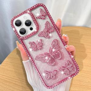 ZIYE Case Designed for iPhone 16 Pro Glitter Cases Luxury Plating Diamond Shiny Butterfly Clear Case with Raised Edge Camera Shockproof Cover for Women Girls-Pink