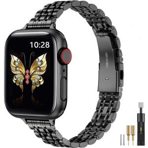 MioHHR Slim Metal Band Compatible with Apple Watch Band 42mm(Series 10) 41mm 40mm 38mm,Dressy Stainless Steel Chain Strap for Women iWatch Bands Series 9 8 7 6 5 4 3 2 1 SE,Black