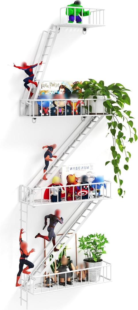 Fire Escape Wall Shelf - 4 Tier Metal White Fire Escape Shelf with Baskets, Unique Decorative Wall Shelves for Any Room