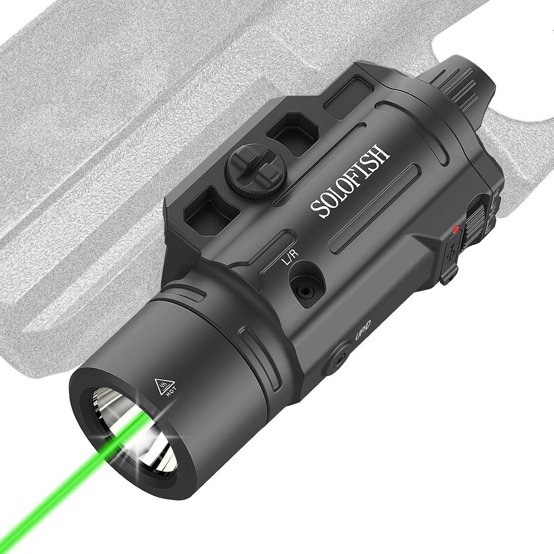 Solofish 1500lm Slidable Pistol Light and Green Beam Combo with Strobe/Momentary, Rechargeable Tactical Flashlight Compatible with Picatinny Rail