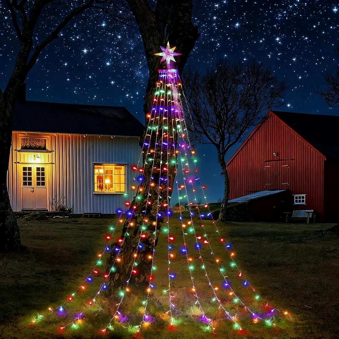 Qulist Christmas Decoration, Outdoor String Lights, 320 LED Christmas Tree Lights [8 Modes & Waterproof], with 11" Lighted Tree Topper for Halloween Xmas New Year Holiday Birthday (Multicolor)