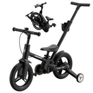 lecoco Upgraded Toddler Bike with Push Handle 6 in 1 for Kids, Balance Bicycle Toys with Training Wheels, Brackes, Cup Holder, Pedal, Kickstand Birthday Gift for Boys and Girls