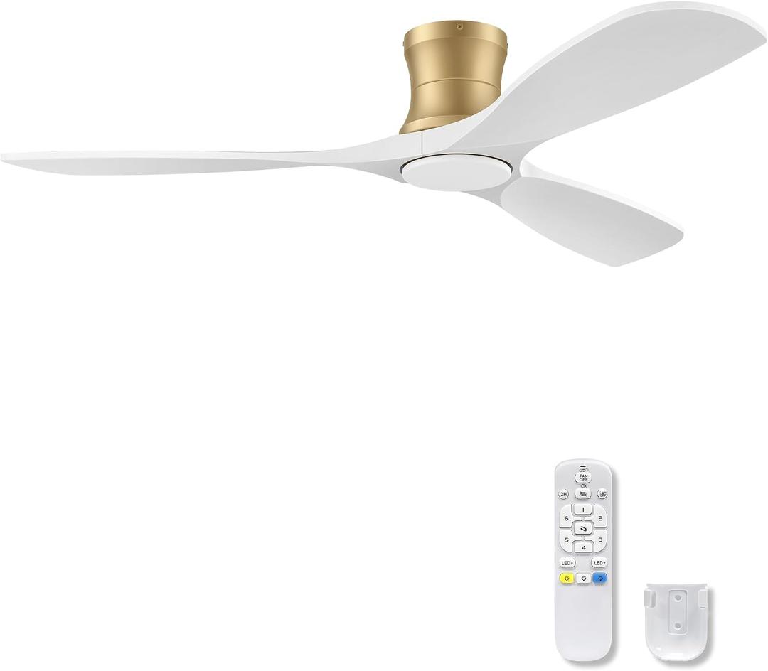 52" Wood Flush Mount Ceiling Fans with Lights Remote,Low Profile,Gold White, Remote Control