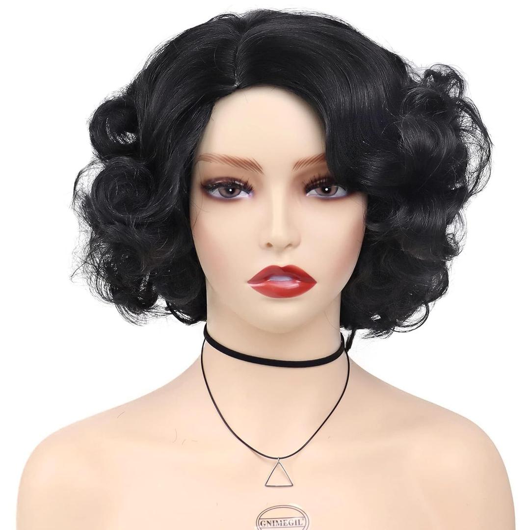 GNIMEGIL GNIMGIL Short Black Curly Wigs For Women Anime Cosplay Wig Natural Hair Synthetic Hair 1920s Carnival Halloween Costume Fancy Dress Up Drag Queen Party Flapper Wig (with Red Bowknot)
