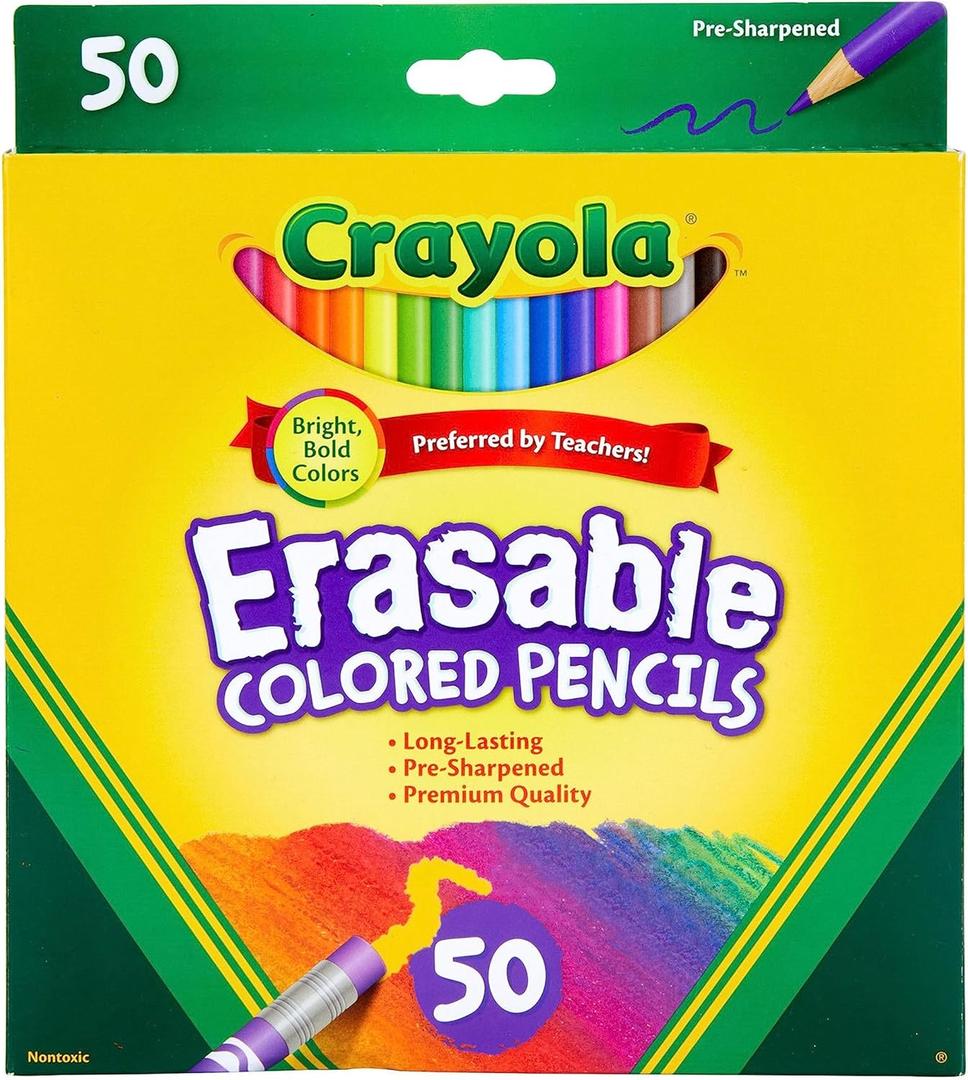 Crayola Erasable Colored Pencils (50ct), Bulk Colored Pencil Set, Pencils for Adult Coloring Books, Holiday Gift for Teens, 6+ (1 Count (Pack of 1))